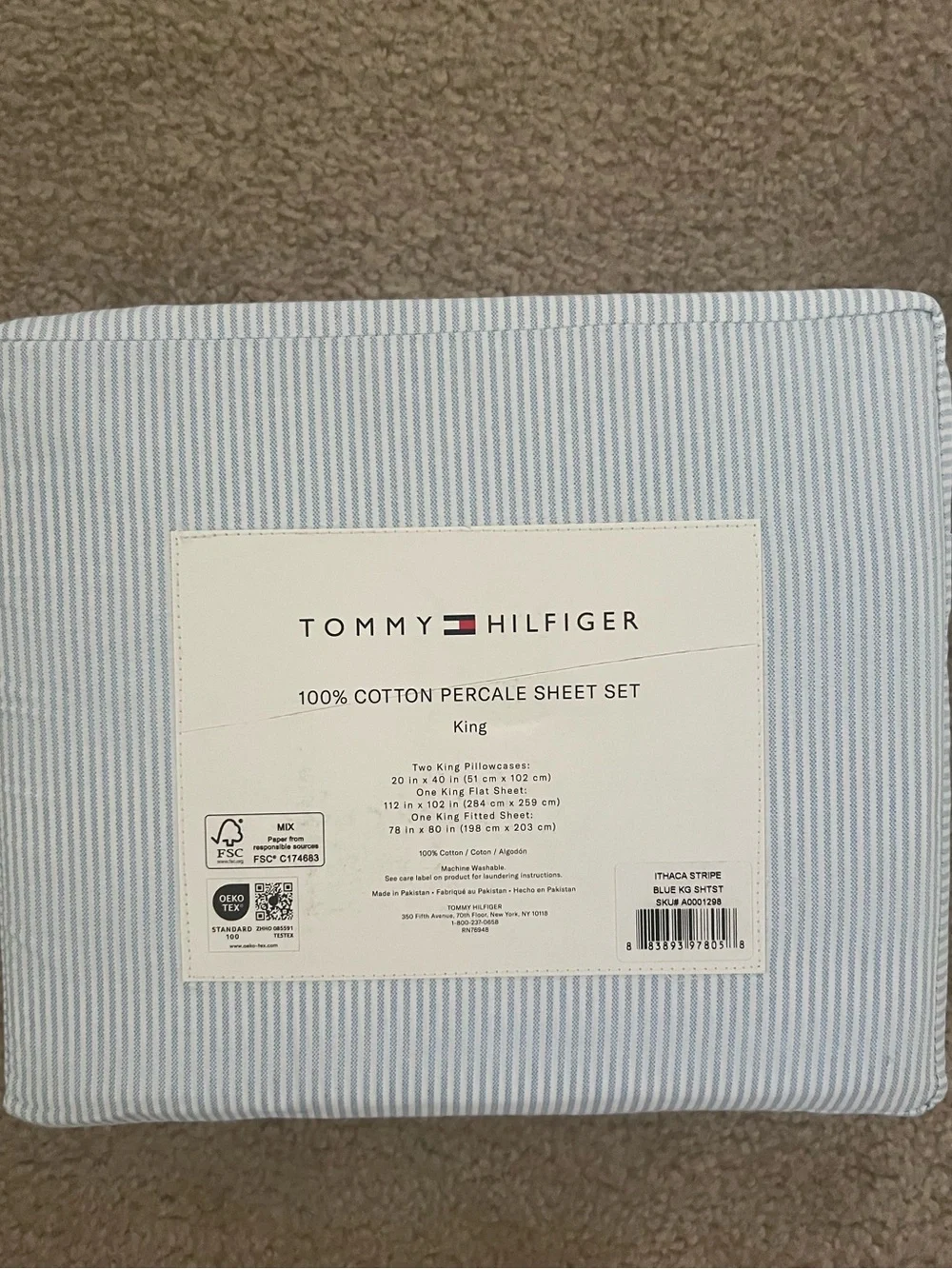 Tommy Hilfiger KING Sheet Set - Ithaca STRIPE Chambray Blue cotton 4pc